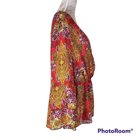 Unique Spectrum Size 3X Red Gold V-Neck Sheer Ruffled Sleeve Bohemian Blouse - Picture 6 of 9